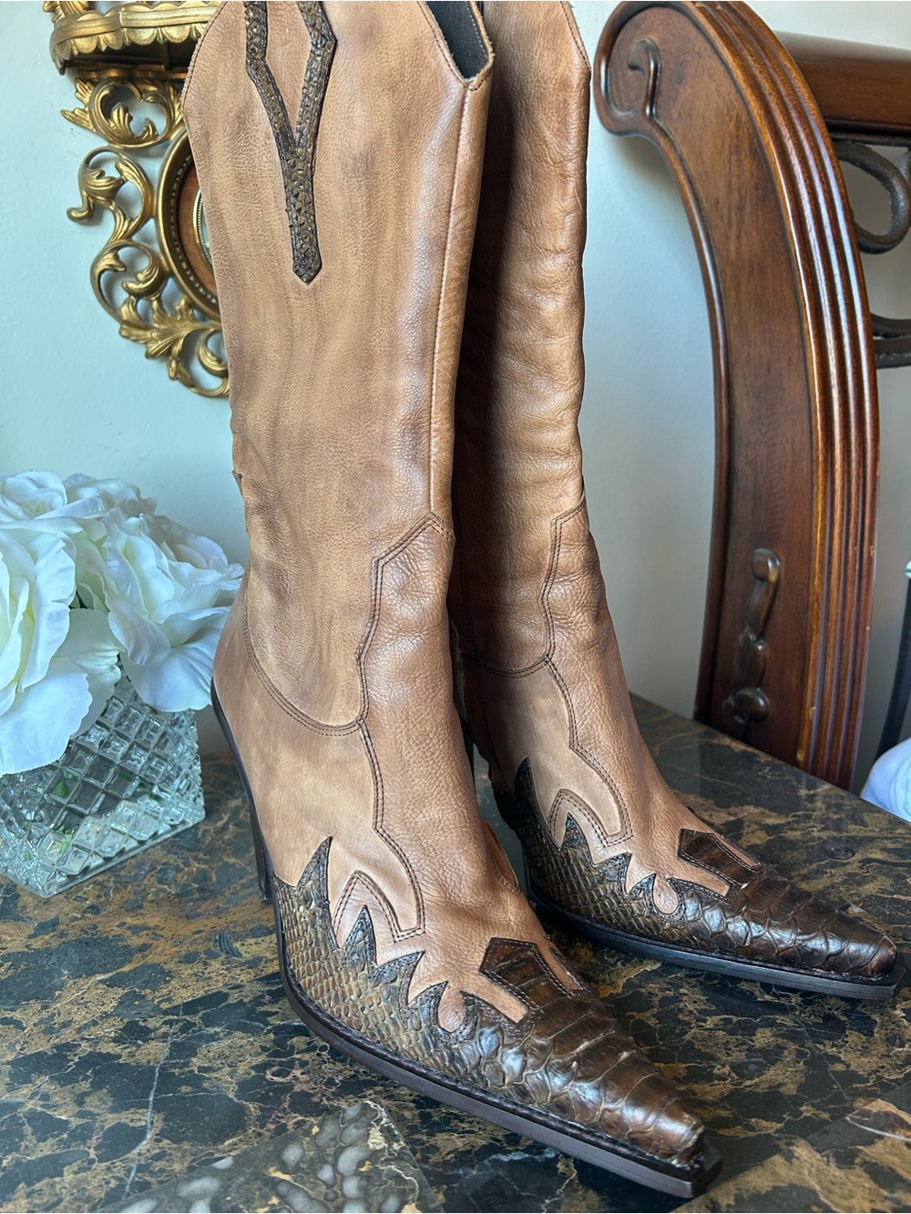 Tan Leather Western Knee-High Boots with Croc-Embossed Toe